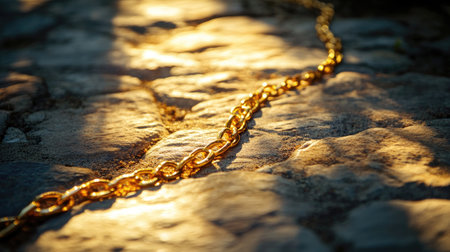A close-up view of a shiny golden chain resting on a textured cobblestone surface. The natural light creates a glimmering effect, showcasing the richness and elegance of the jewelry.の素材