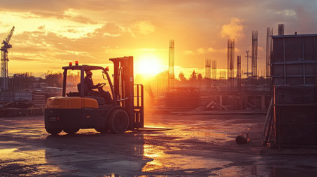 A forklift stands poised at a construction site during a stunning sunset, casting long shadows and reflections over wet surfaces. The scene captures the essence of industrial work with an emphasis on safety and productivity.の素材