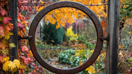 A beautifully composed image showcasing a circular iron frame surrounded by barbed wire, highlighting the vibrant autumn colors of a scenic garden.の素材