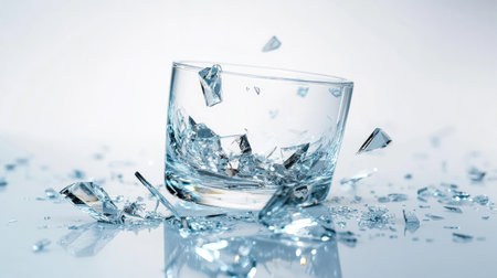 A dramatic composition of a shattered glass tumbler surrounded by splintered pieces on a sleek reflective surface, highlighting chaos and beauty.の素材