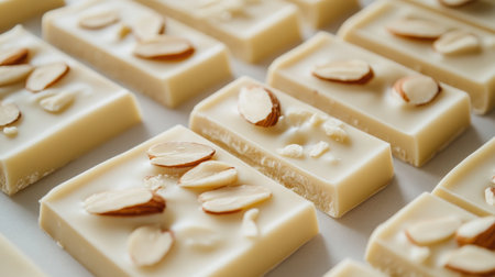 A visually appealing arrangement of creamy almond white chocolate bars topped with sliced almonds, perfect for delicious desserts or special occasions.の素材