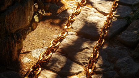 A captivating view of glimmering golden chains resting on a stone pathway, illuminated by soft sunlight, creating an enchanting and mysterious atmosphere.の素材