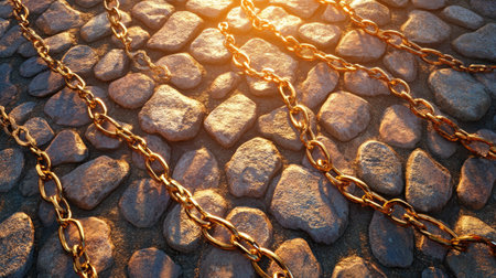 A captivating closeup of golden chains laid across a rocky cobblestone surface under warm, soft sunlight, showcasing intricate textures and patterns.の素材