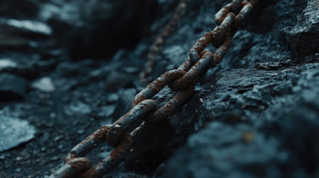 A close-up view of a rusted metal chain resting on a dark rocky surface, showcasing the beauty of decay and texture in a natural setting.の素材