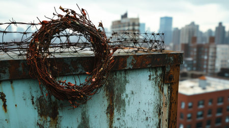 A unique composition featuring a weathered container topped with a rustic wreath and barbed wire, set against an urban cityscape background, showcasing contrasts.の素材