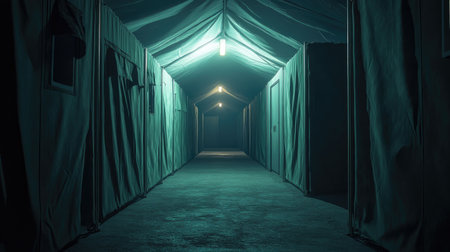 A hauntingly empty corridor within a tent structure, featuring dim lighting that casts a greenish hue. The eerie atmosphere invites exploration and intrigue.の素材