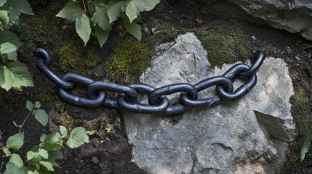 A heavy black steel chain rests on a rough grey stone in a natural setting, surrounded by green foliage, showcasing textures and contrasts in nature.の素材
