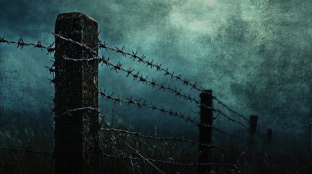 A dramatic image of a barbed wire fence under a dark stormy sky, creating an eerie atmosphere with moody lighting and profound textures, perfect for artistic projects.の素材