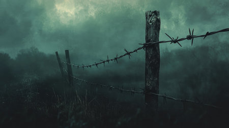 A hauntingly beautiful scene of a barbed wire fence emerging through dense fog, creating an eerie atmosphere against a muted sky at dusk.の素材