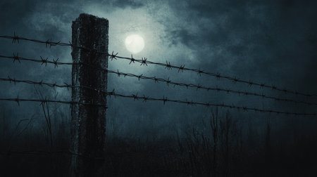 A captivating night scene featuring a barbed wire fence shrouded in fog under a bright full moon, creating an atmosphere of mystery and isolation.の素材