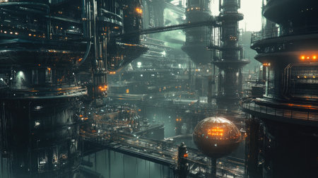 An intricate view of a futuristic urban landscape featuring glowing structures and innovative architecture in a captivating cyberpunk realm.の素材