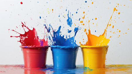 A striking image of vibrant paint splashes from three buckets in red, blue, and yellow set against a clean white background. Ideal for creative projects.の素材