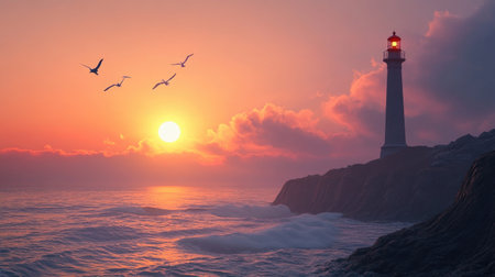 A stunning sunset scene showcasing a vibrant lighthouse standing tall against a colorful sky, illuminated by soft, warm light as seagulls soar gracefully overhead.の素材
