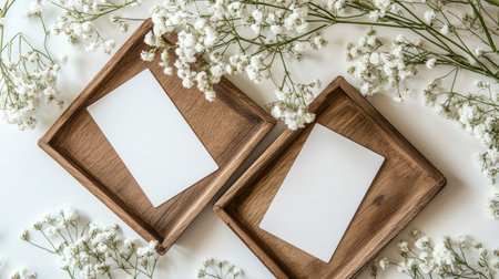 A captivating setup featuring two wooden trays with empty cards surrounded by delicate white flowers, perfect for invitations or notes.の素材