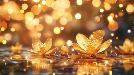 A serene scene featuring golden water lilies gracefully floating on a shimmering surface, illuminated by soft bokeh lights in a dreamy atmosphere.の素材
