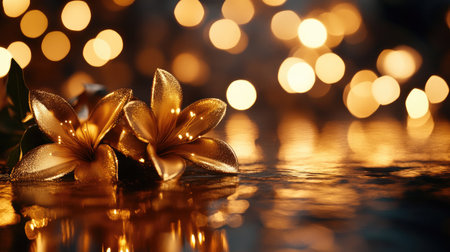 Beautiful golden flowers float gracefully on a shimmering water surface, surrounded by soft bokeh lights. This image captures an elegant and serene atmosphere, perfect for any celebratory or romantic theme.の素材