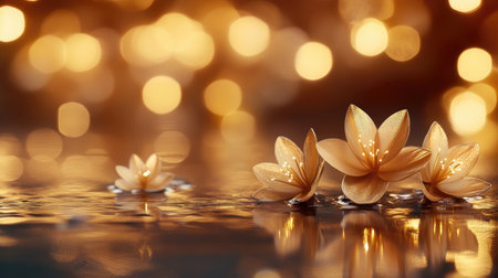 Mesmerizing scene of elegant water lilies floating gracefully on a calm water surface, illuminated by sparkling lights, evoking tranquility and beauty.の素材