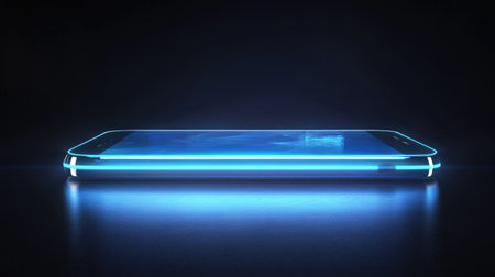 A sleek smartphone design featuring a vibrant blue glow and a reflective surface on a dark background, symbolizing modern technology and innovation.の素材