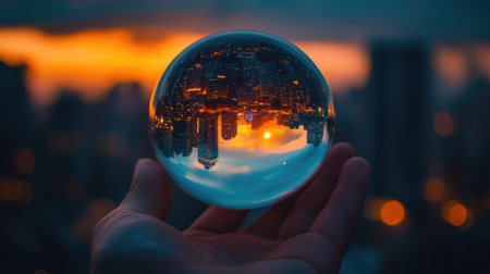 A hand holds a crystal ball reflecting a stunning city sunset, showcasing urban lights and a dreamy atmosphere. Perfect for nature and city life themes.の素材