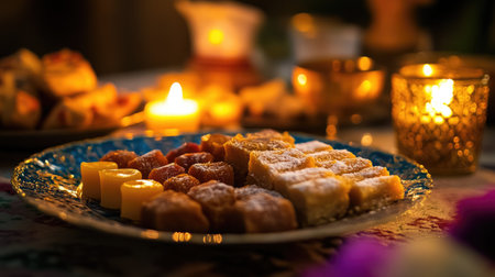 A beautifully arranged plate of assorted traditional sweets displayed elegantly with soft candlelight creating a warm and inviting atmosphere.の素材