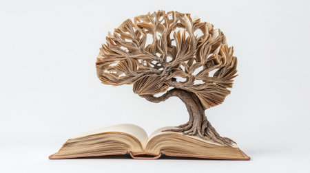 This captivating image features an artistic tree emerging from an open book, showcasing intricate paper craftsmanship. The design symbolizes growth and knowledge through creative expression.の素材