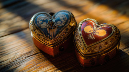 Gorgeous heart-shaped boxes with intricate designs resting on a wooden surface, beautifully capturing textures and soft light, perfect for romantic gifts.の素材