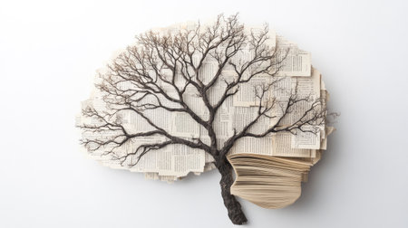 This creative image depicts a brain formed from torn book pages intertwined with a tree, illustrating the connection between knowledge and growth in an artistic manner.の素材
