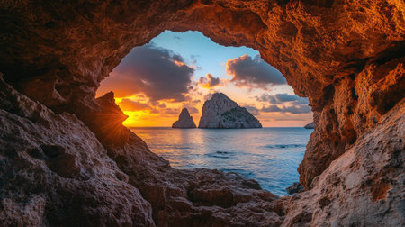 Captivating sunset view framed by a rocky cave reveals stunning islands in the distance, creating a serene atmosphere perfect for nature lovers and photographers.の素材
