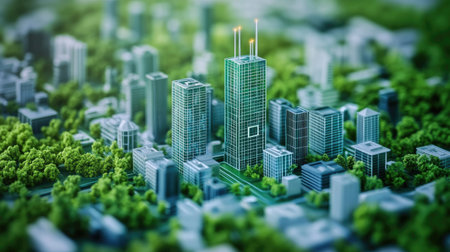This captivating image depicts an intricate model of a modern city, highlighting skyscrapers surrounded by lush greenery. The vibrant colors and detailed architecture create a striking visual representation of urban development, showcasing the harmony between nature and contemporary design.の素材