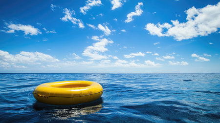 A bright yellow lifebuoy floats on serene ocean waters, set against a stunning backdrop of clear blue skies and gentle clouds, ideal for summer themes.の素材