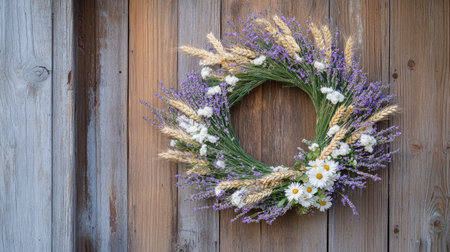 This beautiful rustic floral wreath features dried flowers, wheat, and daisies on a wooden background, ideal for home decor or seasonal celebrations.の素材