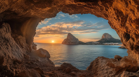 A stunning coastal scene captures the golden hues of sunset illuminating the sea, viewed from within a rocky cave. Ideal for travel inspiration.の素材