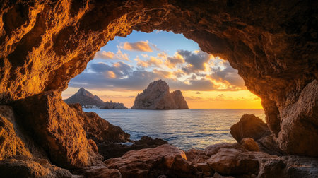 A serene sunset view from a cave, showcasing rugged rocks and a picturesque coastline. The warm light highlights the tranquil sea and dramatic clouds.の素材