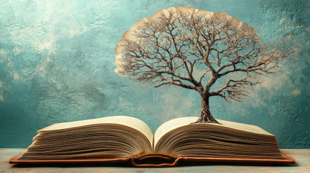A captivating image of an open book with a tree sprouting from its pages, representing the power of knowledge, imagination, and growth in a picturesque setting.の素材