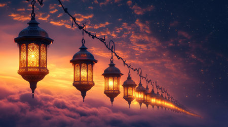 Captivating scene of lanterns elegantly hanging in the sky above soft, fluffy clouds at dawn. The vibrant colors of the morning sky create a serene and magical atmosphere.の素材