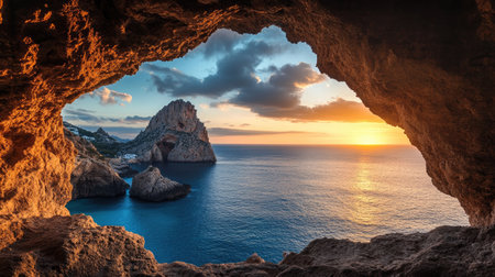 A stunning view from a cave showcases the beauty of a coastal rock formation at sunrise, with vibrant colors illuminating the ocean and sky.の素材