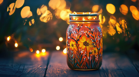 A beautifully crafted glass jar adorned with vibrant flowers, glowing warmly beside delicate lights in a serene outdoor setting, perfect for cozy evenings.の素材