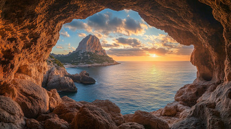 Discover a breathtaking view of a rocky seaside cliff framed by a cave opening at sunrise. The vibrant colors of the sky reflect on calm waters, showcasing nature's beauty.の素材