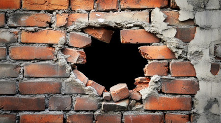 A striking image of a cracked brick wall featuring a prominent hole that exposes a dark background with scattered broken pieces, ideal for design projects.の素材