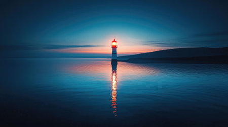 A peaceful lighthouse stands tall under the growing dusk. Its soft light shines brightly across the still water, creating a mesmerizing reflection. The calm atmosphere and beautiful blue sky evoke a sense of tranquility, ideal for evoking a feel of serenity in any project.の素材
