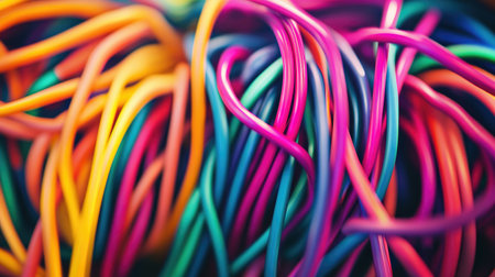 This vivid close-up captures a mesmerizing arrangement of colorful wires, showcasing their twisting forms and dynamic energy. Perfect for abstract and artistic themes.の素材