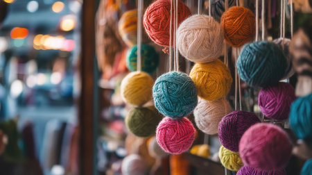 A vibrant display of yarn balls hanging in a craft shop, highlighting a diverse range of colors and textures that inspire creativity. Perfect for artisans!の素材