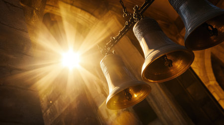 Three vintage church bells hang decoratively in a stunning gothic structure, illuminated by warm sunlight that creates a serene atmosphere.の素材