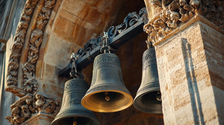 An artistic close-up view of three beautifully crafted bronze church bells hanging from a stone archway, showcasing intricate details and historic charm.の素材