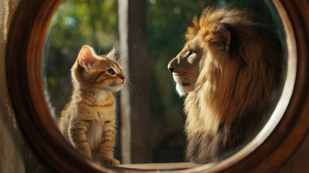 A captivating scene of a kitten and a lion facing each other through a circular window, illuminated by natural light, showcasing a unique bond.の素材