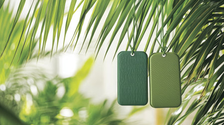 Two elegant green tags hang gracefully amidst lush palm leaves, creating a serene and stylish backdrop ideal for branding and design projects focused on nature.の素材