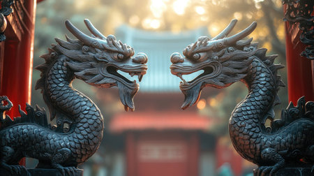 Two majestic stone dragons stand in a serene temple setting, capturing the essence of traditional architecture and mythology, illuminated by warm morning light.の素材