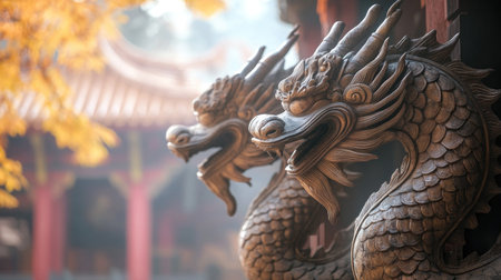 A close-up view of beautifully carved dragon statues at a traditional temple, surrounded by vibrant autumn leaves and bathed in soft morning light.の素材