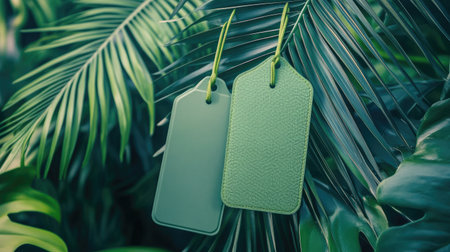 Two green tags hang gracefully among lush tropical leaves, creating a striking visual contrast in a natural garden setting rich with vibrant colors.の素材