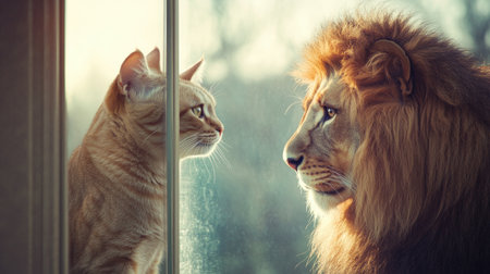 An extraordinary moment depicting a domestic cat and a lion, showcasing the contrast between wild and domestic life. The scene is illuminated by soft sunlight.の素材